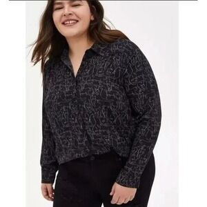 Torrid Womens Black White Cat Print Button Up Blouse Long Sleeve Top Size 3 3X